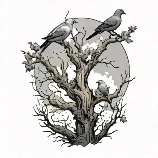 Dead Tree With 5 Doves Flying A Crow Perched On Top The Tree And 2 Spiders Makeing A Web