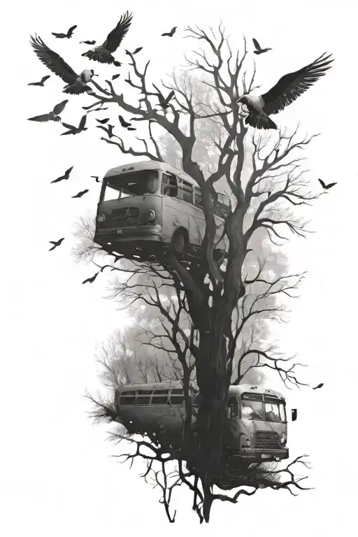 Bus Going Through The Forest With Birds Flying Away