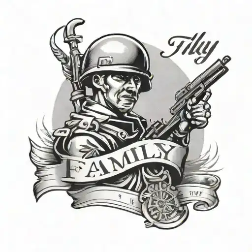 A Black And Grey Tattoo Of A Soldier Saluting With A Banner That Reads 'Family' In Elegant Script