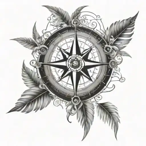 Nautical Compass Ship Palm Leaves