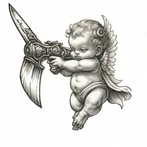 Baby Angel Holding A Sword Gun Surrounded