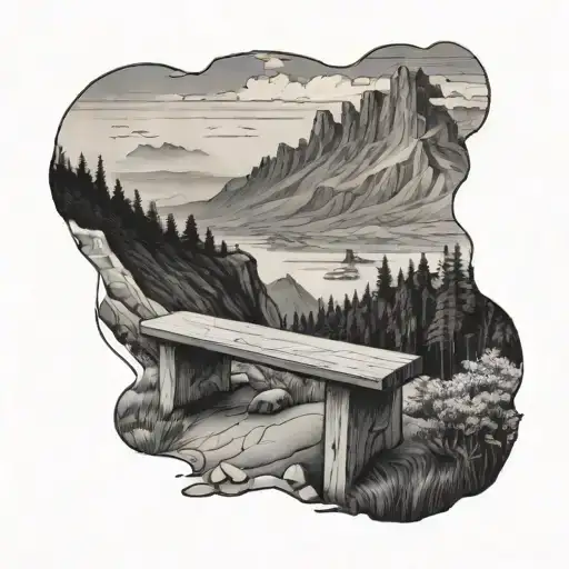 View From The Top Of A Mountain With A Bench In Front