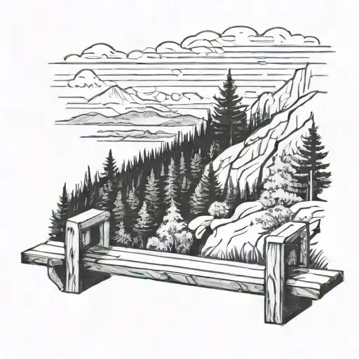 View From The Top Of A Mountain With A Bench In Front And The View Towards A Forest