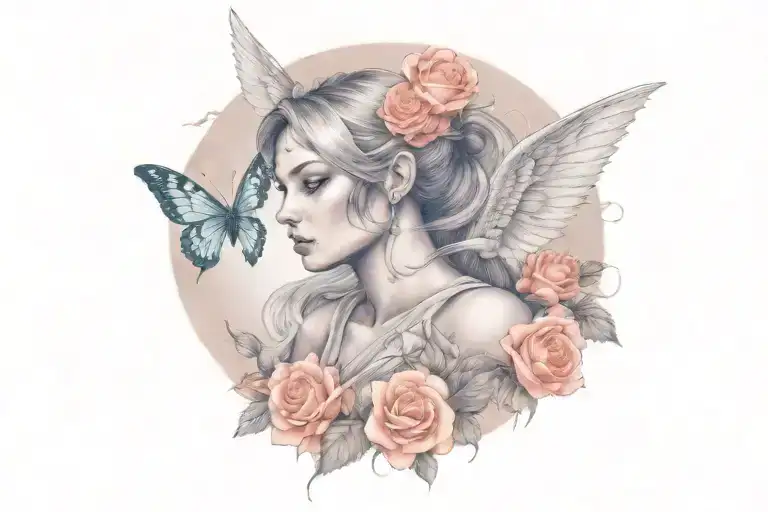 Female Angel Warrior With Roses And Butterflys