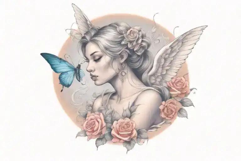 Female Angel With Roses And Butterflys