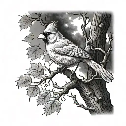Cardinal In Oak Tree