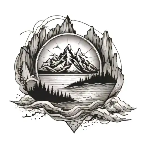 A Black And White Tattoo Of Mountains With The Ocean Beneath And An Nordic Compass