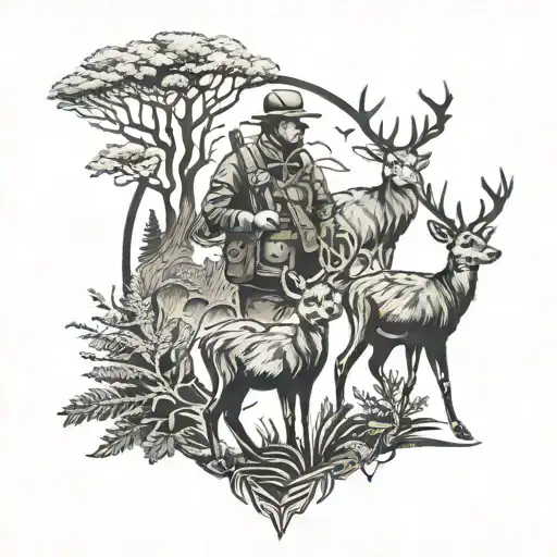 Hunter Silhouette With Deer And Turkey And Racoon