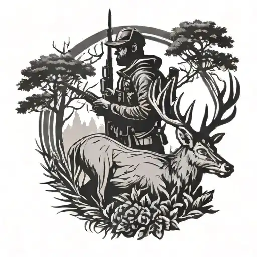 Hunter Silhouette With Deer