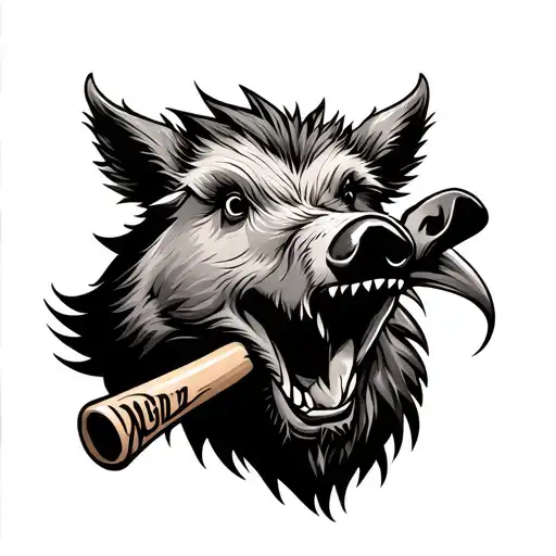 Baseball Bat And Wild Boar Head Tribal