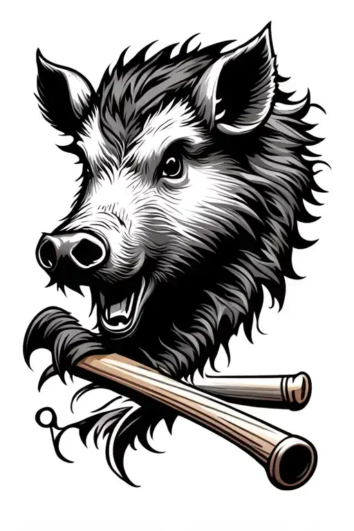 Baseball Bat And Wild Boar Head Tribal