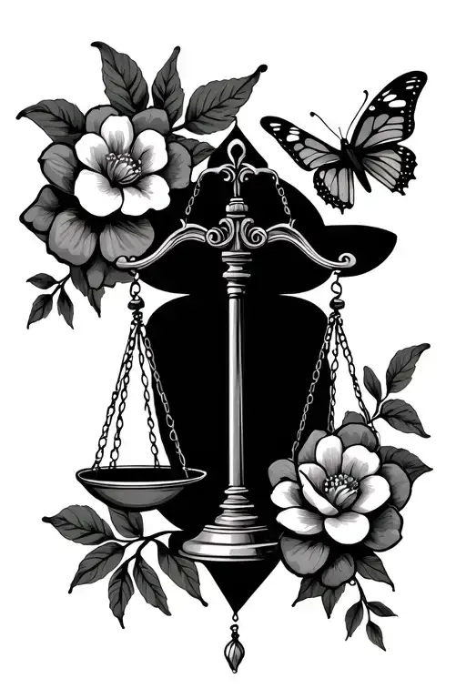 Libra Zodiac Sign With Justice Scale Cute And Elegant With Flowers And Butterflies