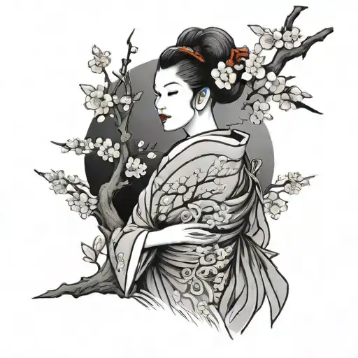 Geisha Girl With Cherry Blossom Tree Dark