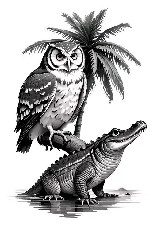 Owl Perched On A Palm Tree While An Alligator Rests Under It