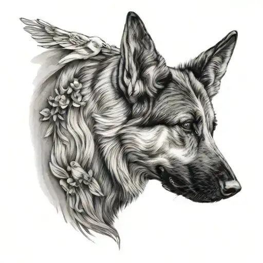 Side Profile In 3D Of My German Shepherd Dog Sitting And Looking Up At Birds Immersed In Nature
