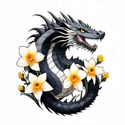 Dragon Intertwined With Daffodils