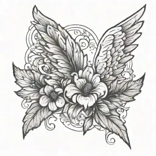 September Birth Flower And Angel Wing Simple Tattoo Outline