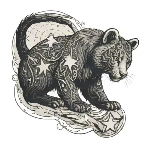 Blackwork Style Vear Cub Pawing At A Star