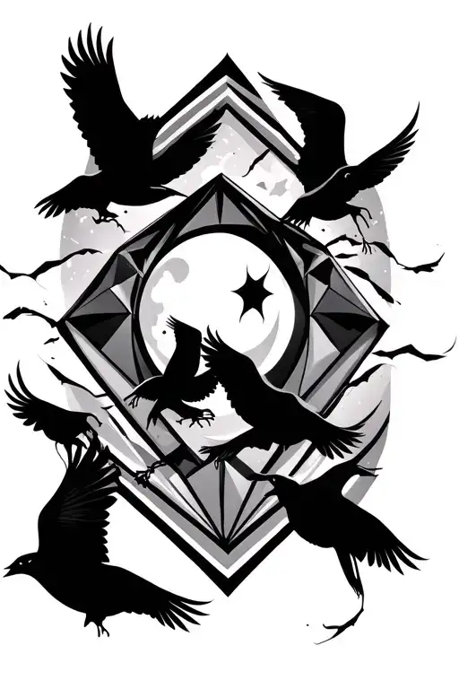 Diamond Tattoo Shape With Moons And Crows Flying