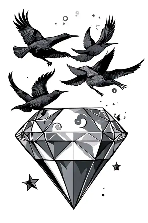 Diamond Tattoo Shape With Moons And Crows Flying Away
