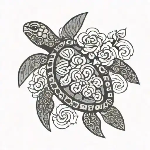 Polynesian Turtle With Wrap Design Inspired With Flowers To Cover Existing Chinese Symbol