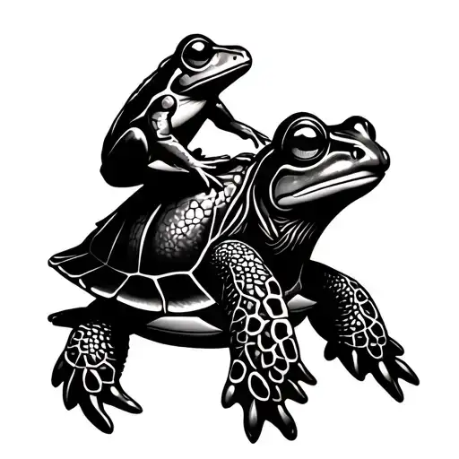 A Small Cute Fine Line Style Tattoo With A Frog Sitting On A Turtle Swimming