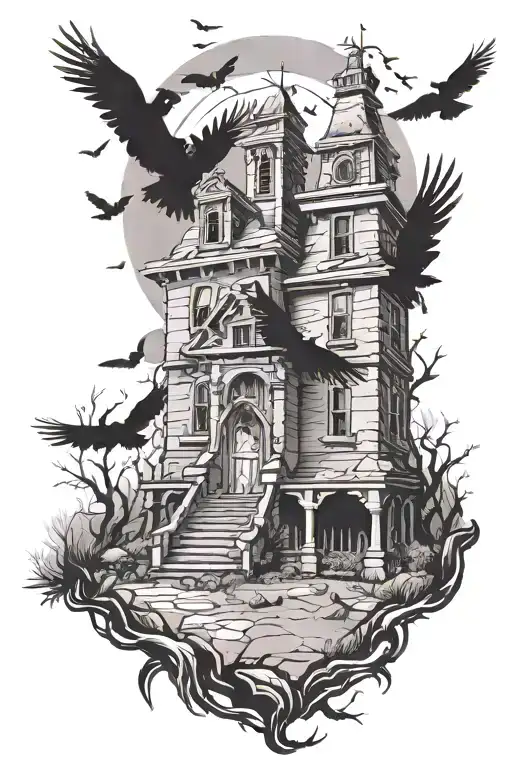 Abandoned Haunted House With Giant Flying Crows And Broken Gravestones