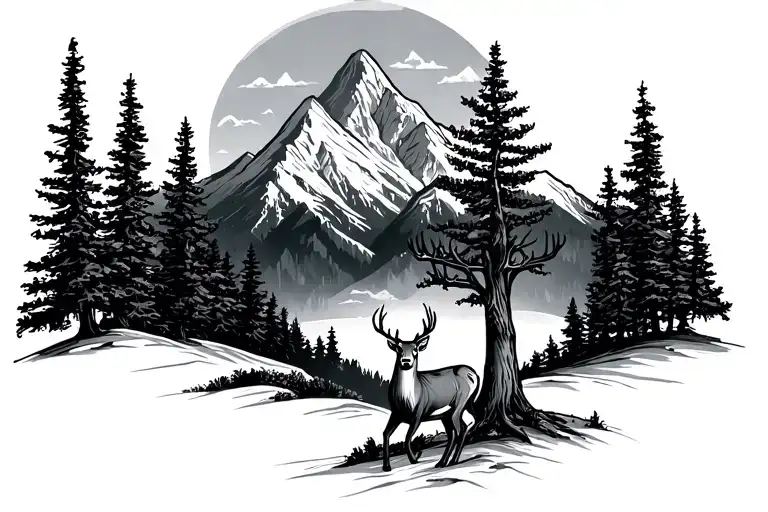 Mountain And Tree Tattoo With Deer At The Front