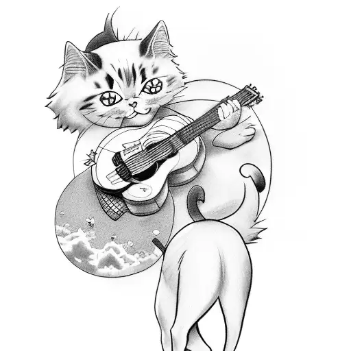 A Tattoo Of An Anime Character Playing A Guitar With A Cat And A Dog At Their Feet