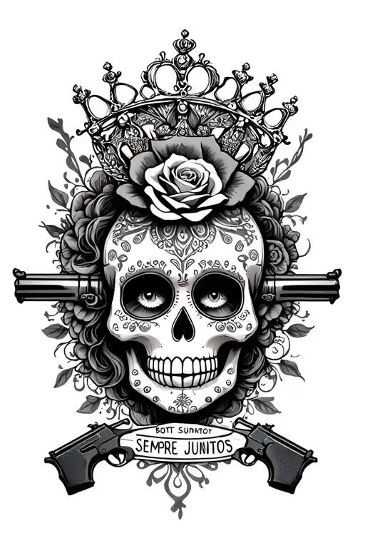 Mandala Boss Lady Sugar Skull With A Crown And A Rose Also Two Guns With The Words Sempre Juntos