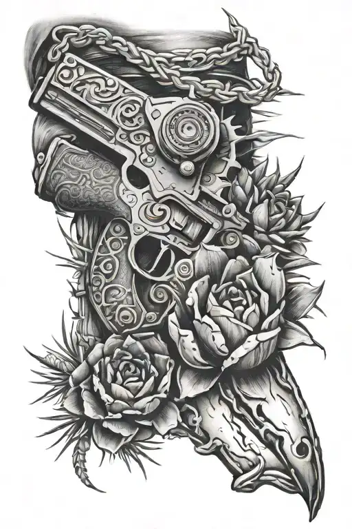 Rustic Barbwire Wrapped Around The Arm Sleeve With Cactus And Old Pistol In It