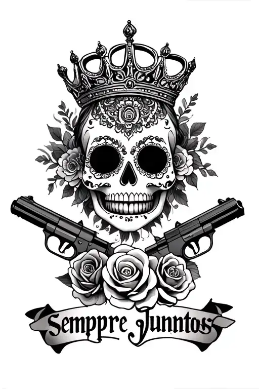 Mandala Boss Lady Sugar Skull With A Crown And A Rose Also Two Guns With The Words Sempre Juntos