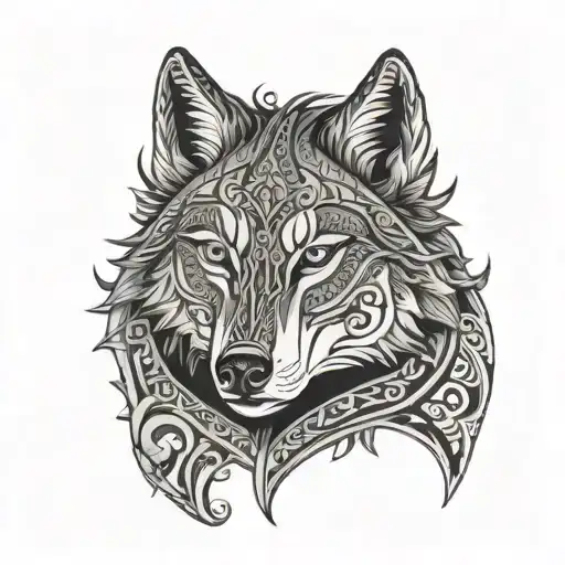 Nordic Wolf In Polynesian Tribal