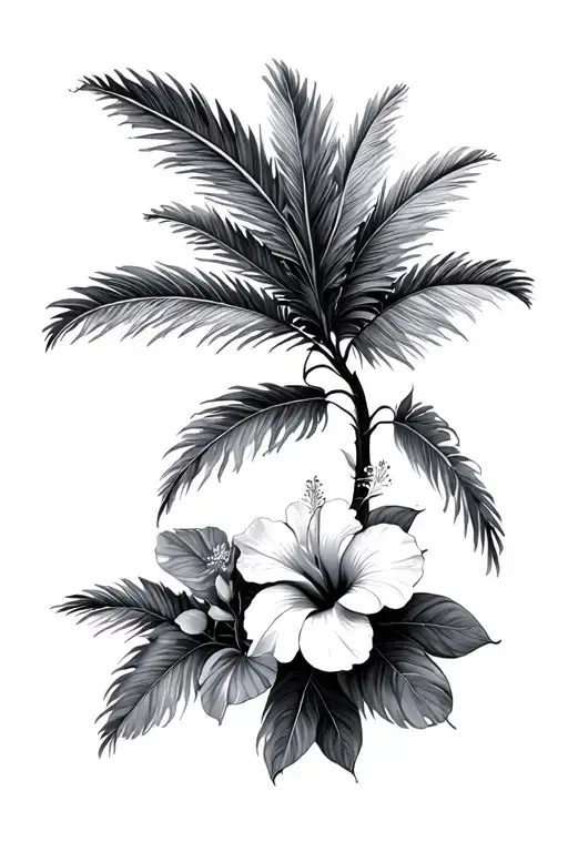 Palm Tree Branch With Hibiscus Flowers