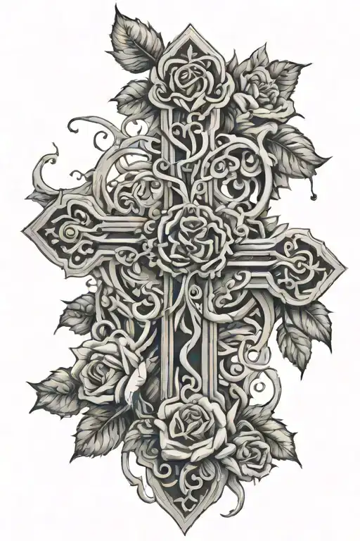 A Cross Made Of Rose Intertwined Which Is In Front Of A Tree And Teardrops On Each Tip Of The Cross
