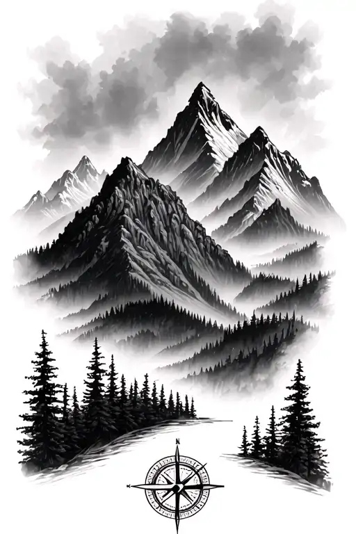 Mountains With Compass And Forests
