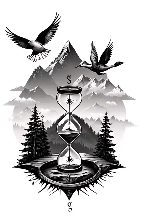 Mountains With Compass And Forests And Birds And Hourglass