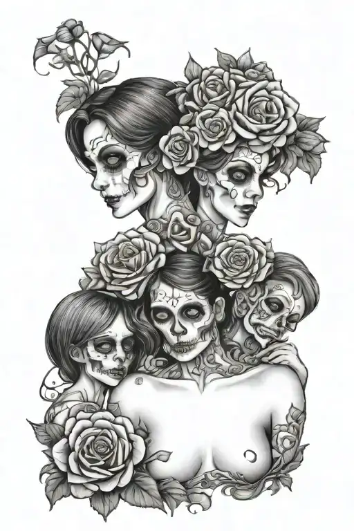 Mother And Three Children Surrounded By Flowers And Skulls