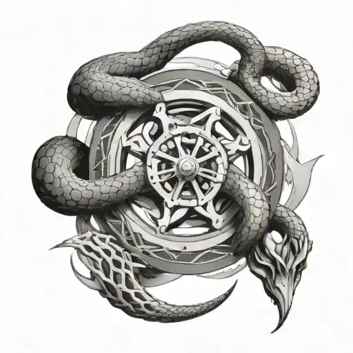 Wheel Of Time Based Ouroboros Snake In An Infinity Shake Above A Wheel With Spokes