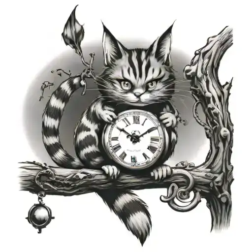 Cheshire Cat On A Tree With White Rabbit Chained From Foot Looking At A Pocket Watch