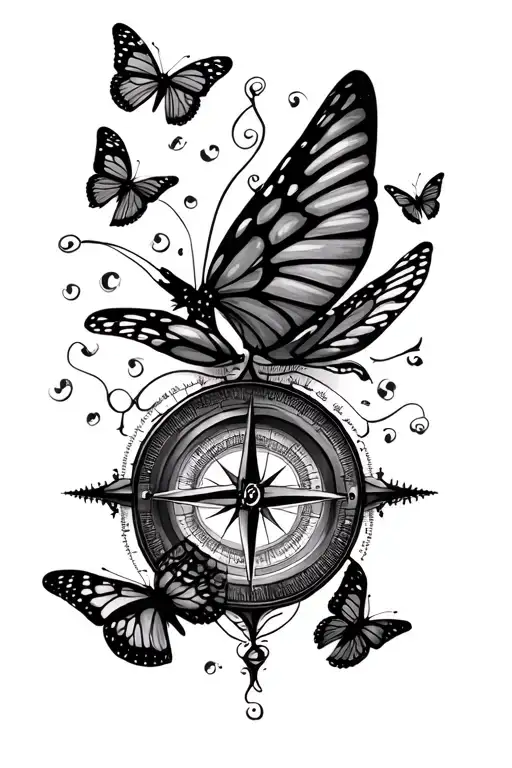 Compass And Butterflies Flying With 4 Kids Names