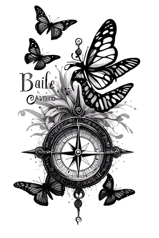 Compass And Butterflies Flying With 4 Kids Names