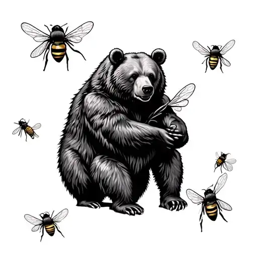 Mystic Bear Surrounded By Honey Bees Flying