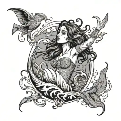 Black And White Line Art Tattoo Of A Siren Drowning A Pirate Underwater