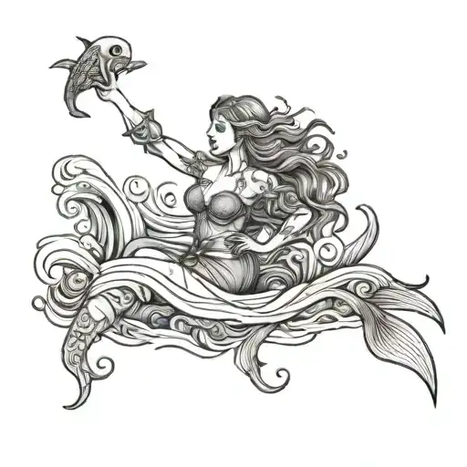 Black And White Line Art Tattoo Of A Siren Drowning A Pirate Underwater