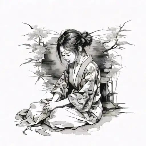Japanese Watercolor Painting Girl Sitting