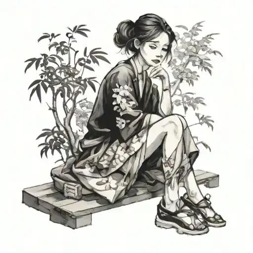 Japanese Watercolor Painting Girl Sitting
