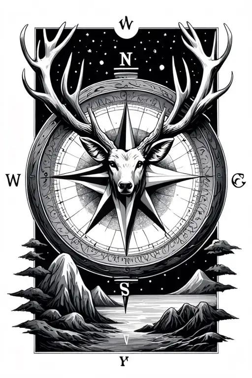 Compass With Stag Head And Lunar Landscape