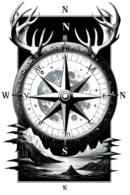 Compass With Stag Head And Lunar Landscape