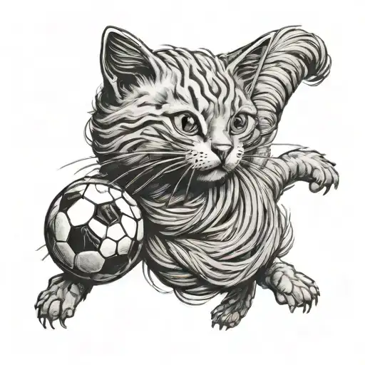 A Black And Grey Tattoo Of A Cat Playing Soccer With A Ball Of Yarn